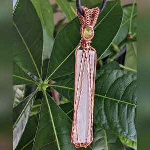 Crystal Amulet Copper Wire Wrap Pendant Necklace Selenite and Peridot Gemstones
